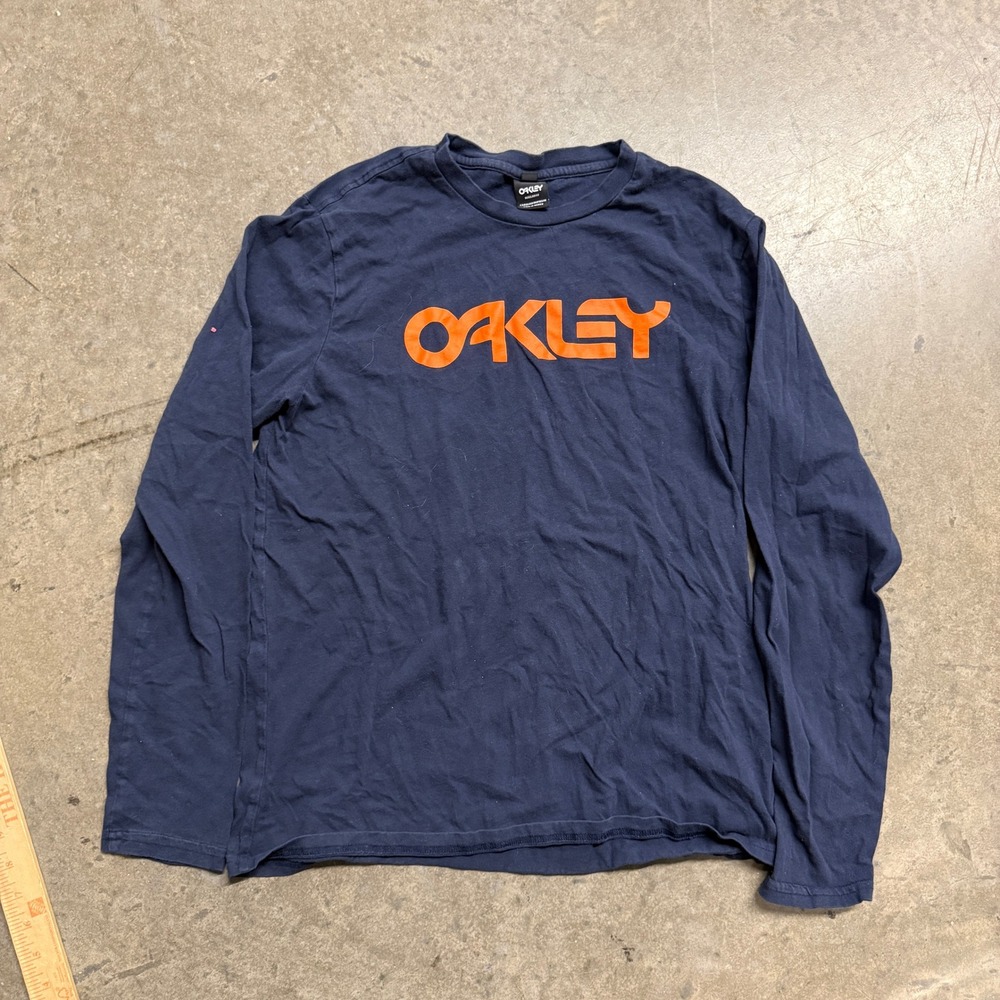 Oakley Mens Long Sleeve Graphic T-Shirt Navy Blue Orange Logo Size Medium